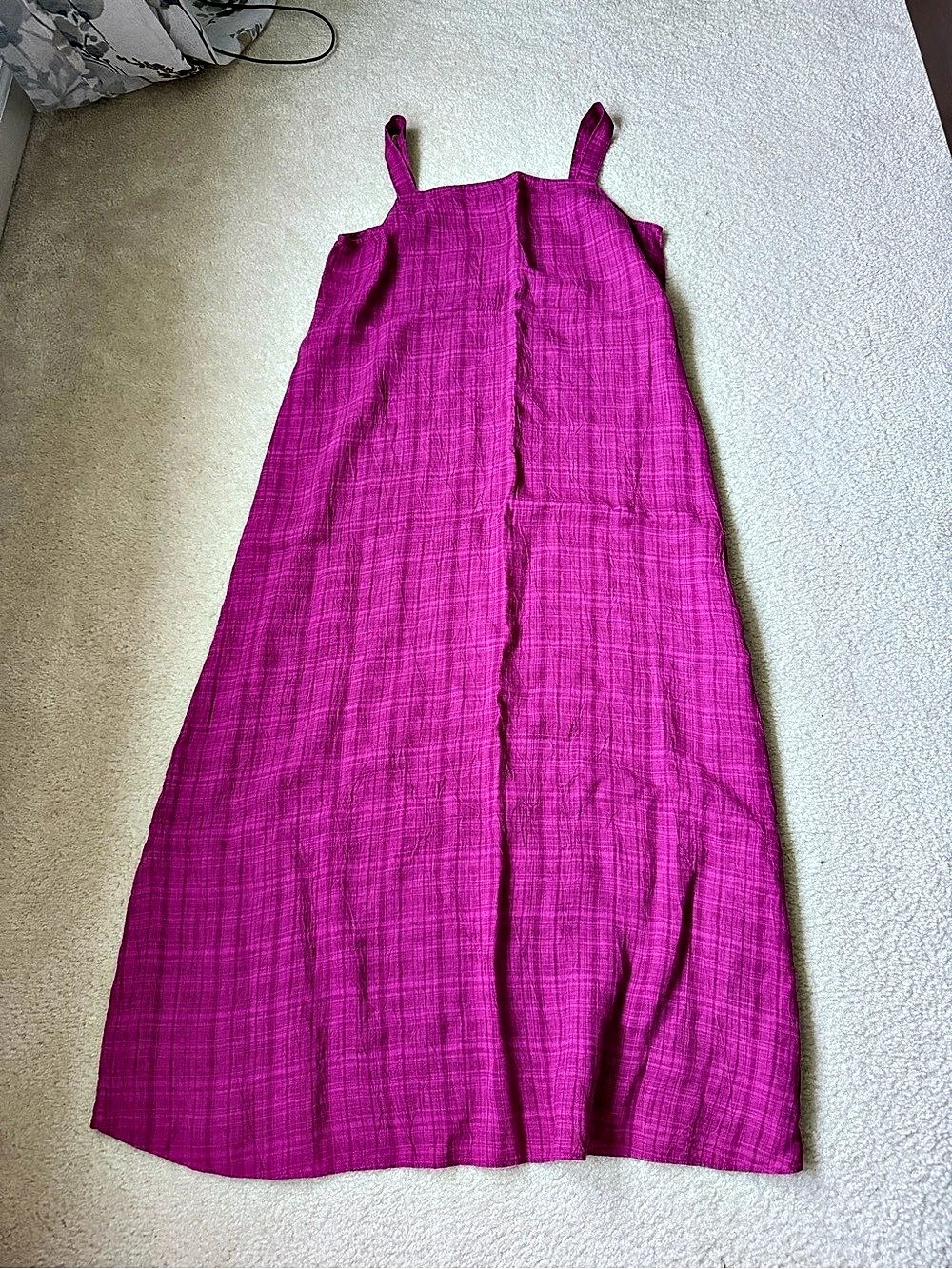 Eileen Fisher Puckered Organic Linen Plaid Square Neck Dress Maxi Dress in Pink